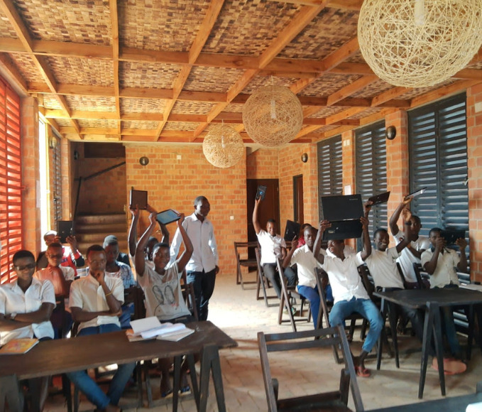 students cheering in classroom